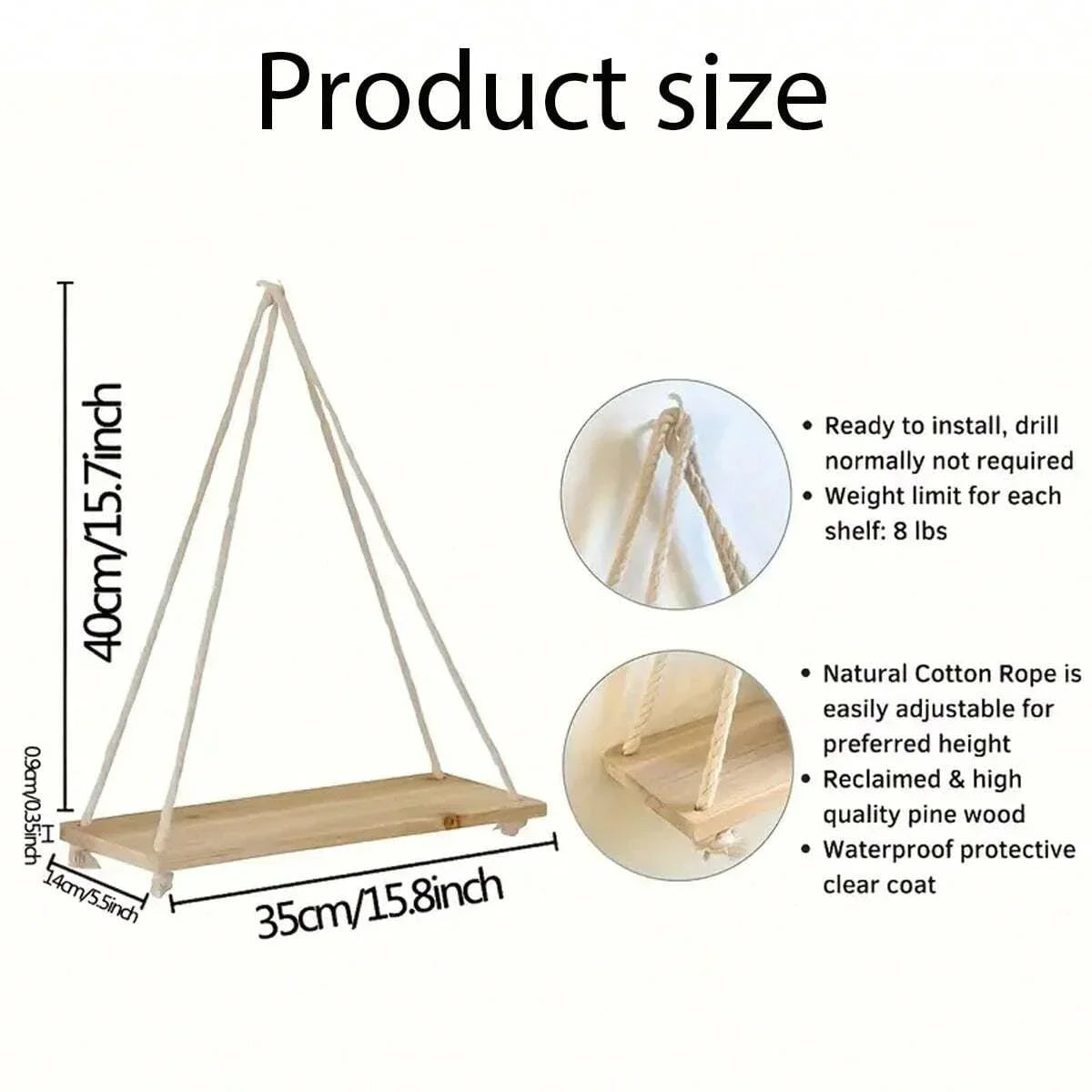 1PC Wooden Swing Hanging Hemp Rope Wall Shelve